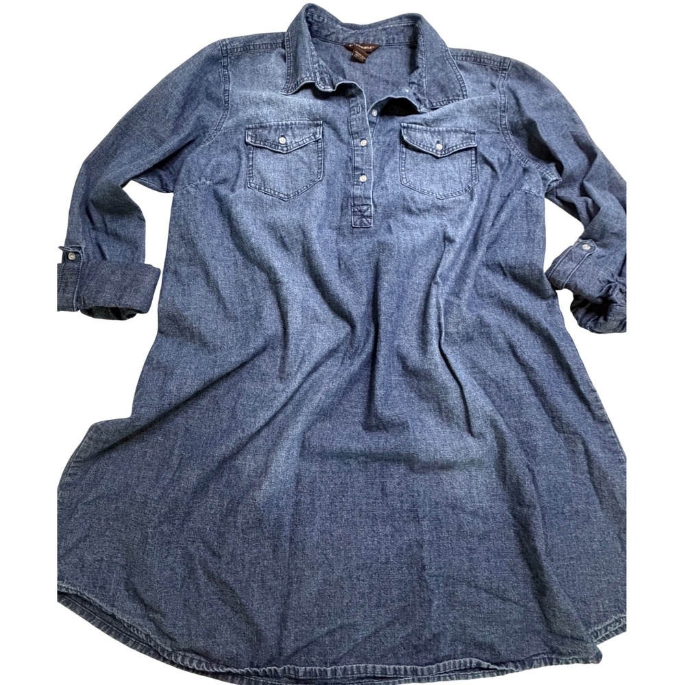 Bit & Bridle Blue Denim Shirt Dress Women Large Cotton Roll Tab Sleeve Western